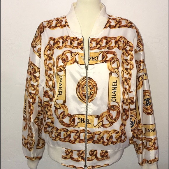 L Vintage Chanel Logo Gold Chain Bomber 